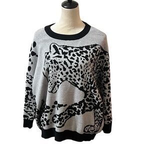 Joseph A Womens Sweater Leopard Pullover 3/4 Sleeves Gray Black Size Small